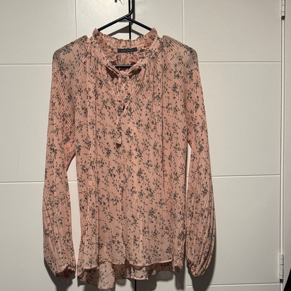 Suzy Shier Pink/salmon Ruffled Mandarin Collar Blouse